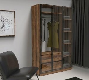 3 Füme Cam Kapılı Gardırop Çekmeceli İçi Komple MDF - Görsel 1