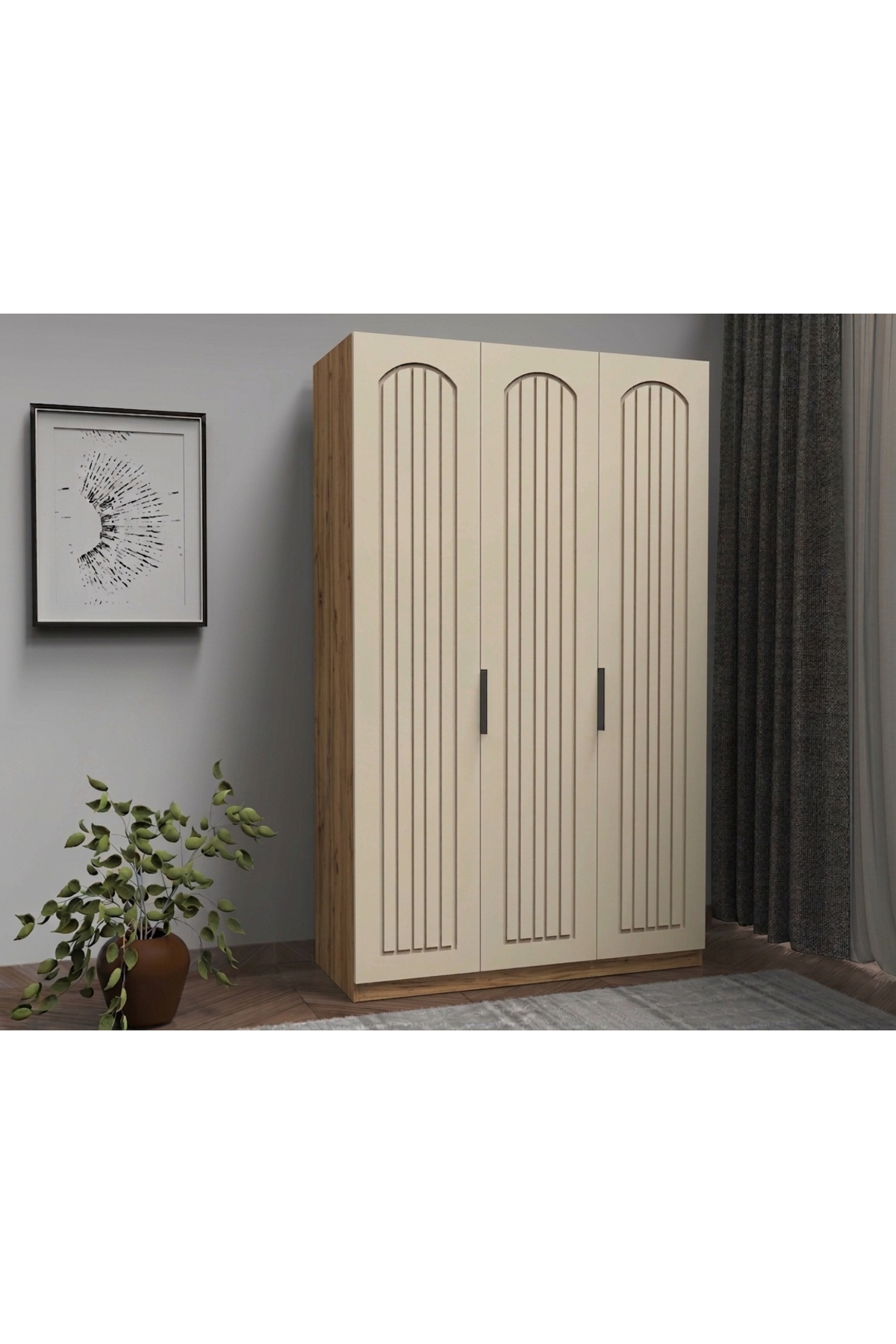 3 Kapaklı Ahşap Gardrop Membran Kapaklı İçi Komple MDF