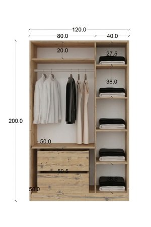 3 Kapaklı Ahşap Gardrop Membran Kapaklı İçi Komple MDF - Görsel 3