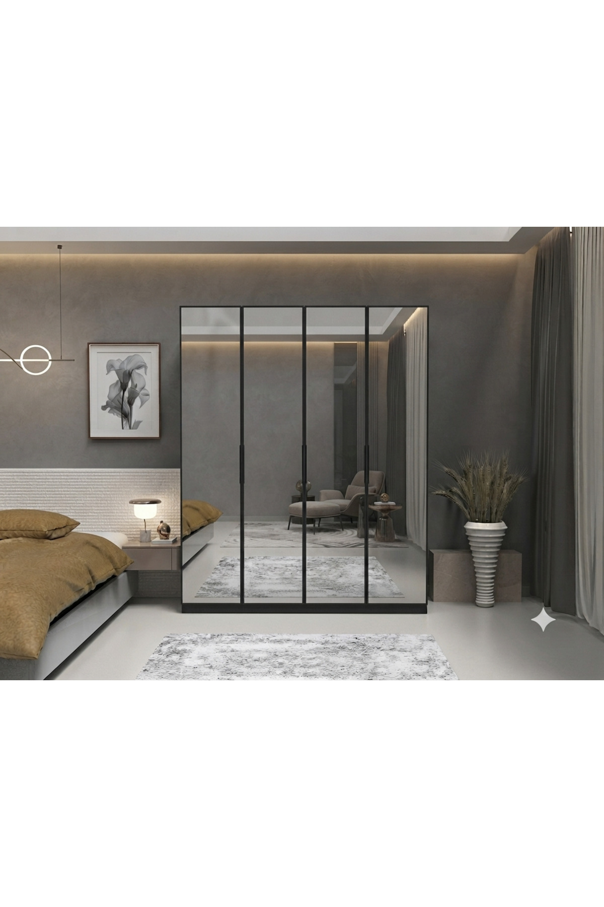4 Kapılı 2 Çekmeceli Komple Aynalı Gardırop İçi MDF - 4 Kapaklı Gardrop