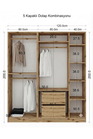 5 kapaklı Yatak Odası Dolabı %100 MDF - Görsel 3