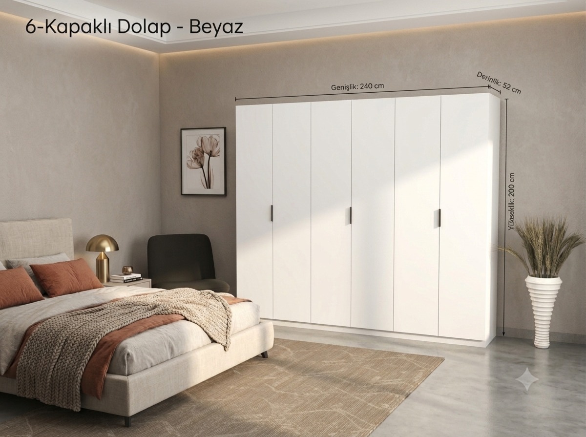 6 Kapaklı 2 Çekmeceli Gardırop 240 cm Genişlik - 6 Kapaklı Gardrop