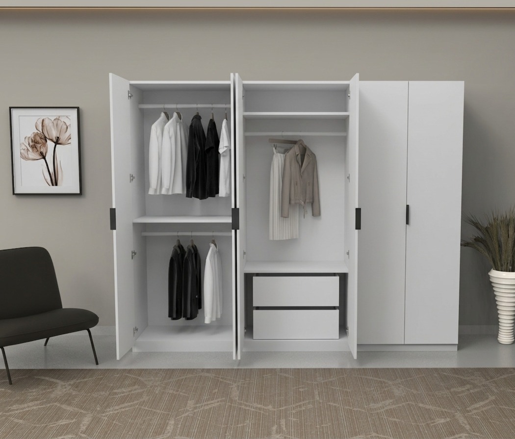 6 Kapaklı Gardırop Beyaz Komple MDF - 6 Kapaklı Gardrop