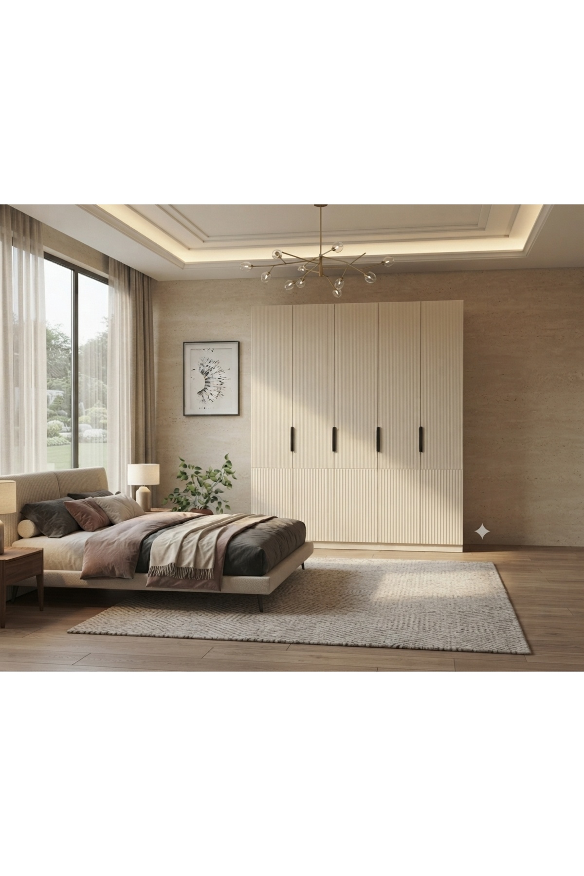Beyaz Desenli MDF Gardırop 5 Kapılı - 5 Kapaklı Gardrop