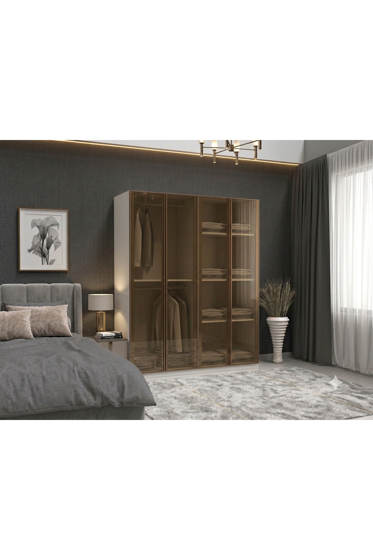 Bronz Cam Gardırop 4 Kapılı İçi MDF - 4 Kapaklı Gardrop