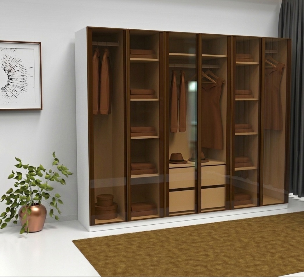 Bronz Şeffaf Camlı 6 Kapaklı Gardrop Ful MDF - 6 Kapaklı Gardrop