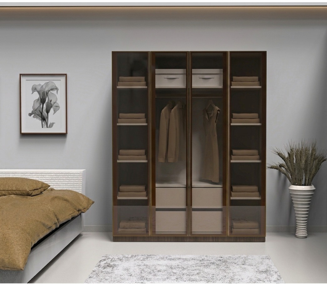 Cam Kapaklı Elbise Dolabı Bronz Cam İçi %100 MDF - 4 Kapaklı Gardrop