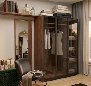 Cam Kapaklı Gardolap 3 Kapaklı Füme İçi Komple MDF - Görsel 1