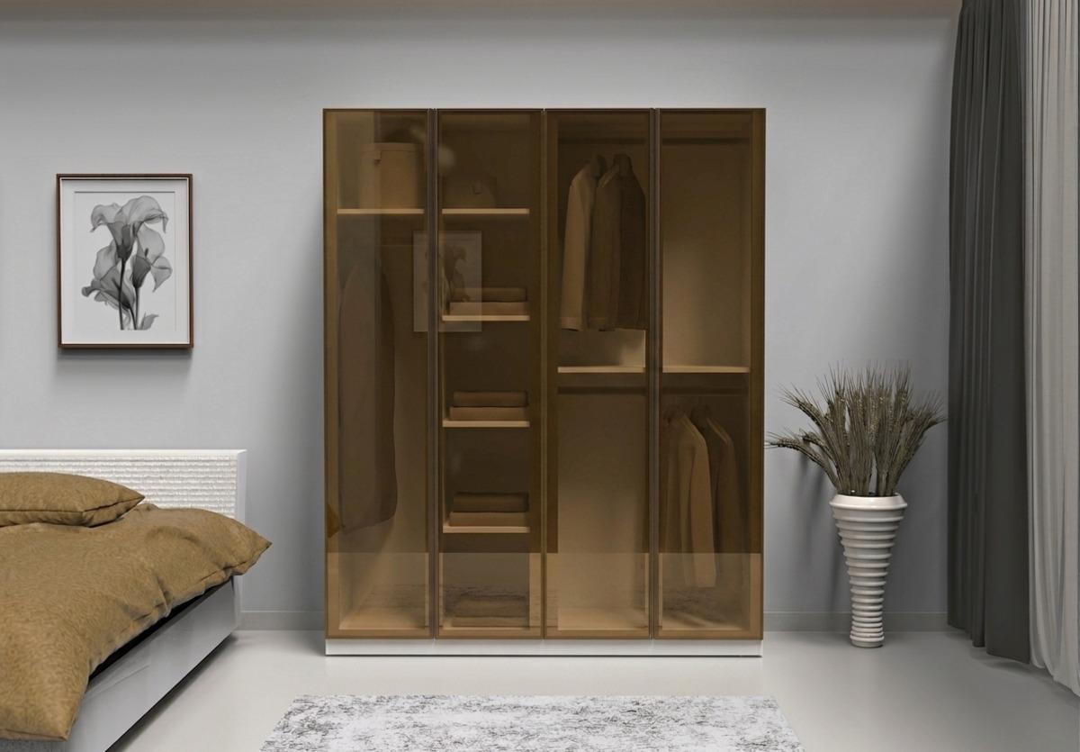 Cam Kapaklı Yatak Odası Dolabı Bronz Cam Çerçeveli - 4 Kapaklı Gardrop