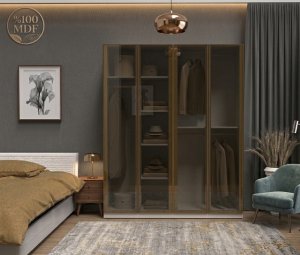 Cam Kapaklı Yatak Odası Dolabı Bronz Cam Çerçeveli - Görsel 3