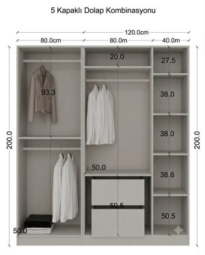 Cam Kapılı Gardırop 5 Kapaklı MDF Gövde - Görsel 3