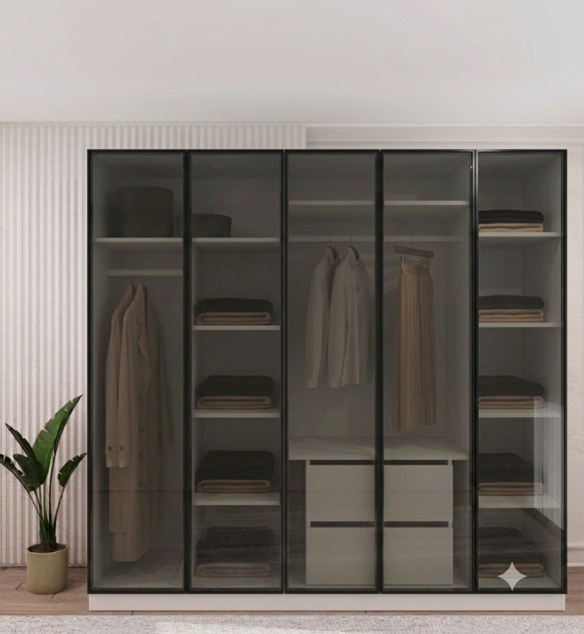 Füme Camlı 5 Kapaklı Dolap İçi Beyaz %100 MDF - 5 Kapaklı Gardrop