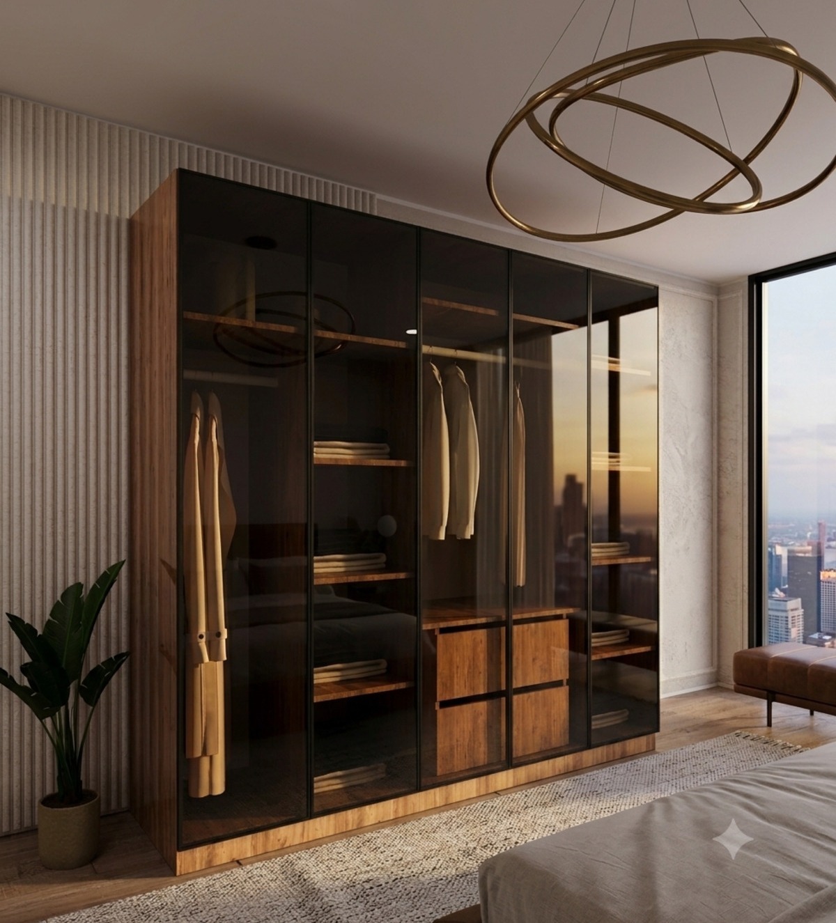 Füme Camlı 5 Kapaklı Dolap İçi Beyaz %100 MDF - 5 Kapaklı Gardrop